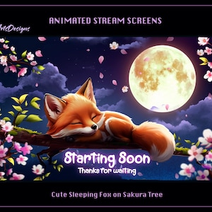 Cute Sleeping Fox on Sakura Tree Animated Stream Overlays, Cute Sleeping Fox Twitch Overlays, Fox Twitch Screen Overlays for Streamers