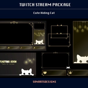 Static Stream Paket Süße versteckte Katze, Animierte Twitch Overlays Süße Weiße Katze für Streamer, OBS, Vtubers, YouTubers