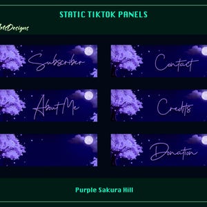 May include: Five purple and blue TikTok panels with a white moon and a white cherry blossom tree. The panels are labeled "Subscriber", "Contact", "About Me", "Credits", and "Donation".
