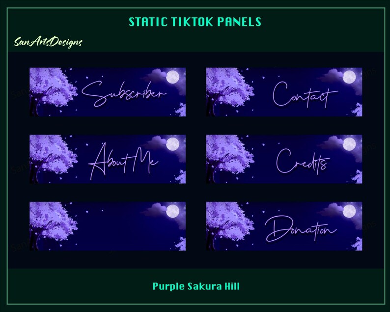 May include: Five purple and blue TikTok panels with a white moon and a white cherry blossom tree. The panels are labeled "Subscriber", "Contact", "About Me", "Credits", and "Donation".