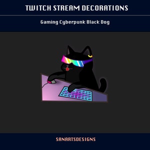 Cute Gaming Cyber BLACK Dog Animated Stream Decorations, Cute Gaming Guy Twitch Decorations for Streamer, Vtuber, OBS, Streamlabs