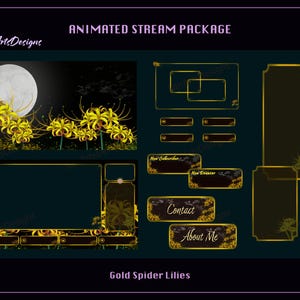 Animated Stream Package Gold Spider Lily Garden, Animated Twitch Overlays Package Yellow Spider Lily Garden for Streamer, OBS, StreamLabs