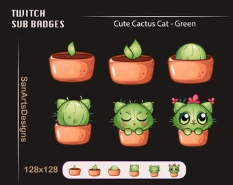 May include: Set of five Twitch sub badges featuring a cute cartoon cactus cat in a pot. The badges show the cactus cat in different stages of growth, from a sprout to a fully grown cactus cat with pink flowers. The badges are 128x128 pixels and are designed for use on Twitch.