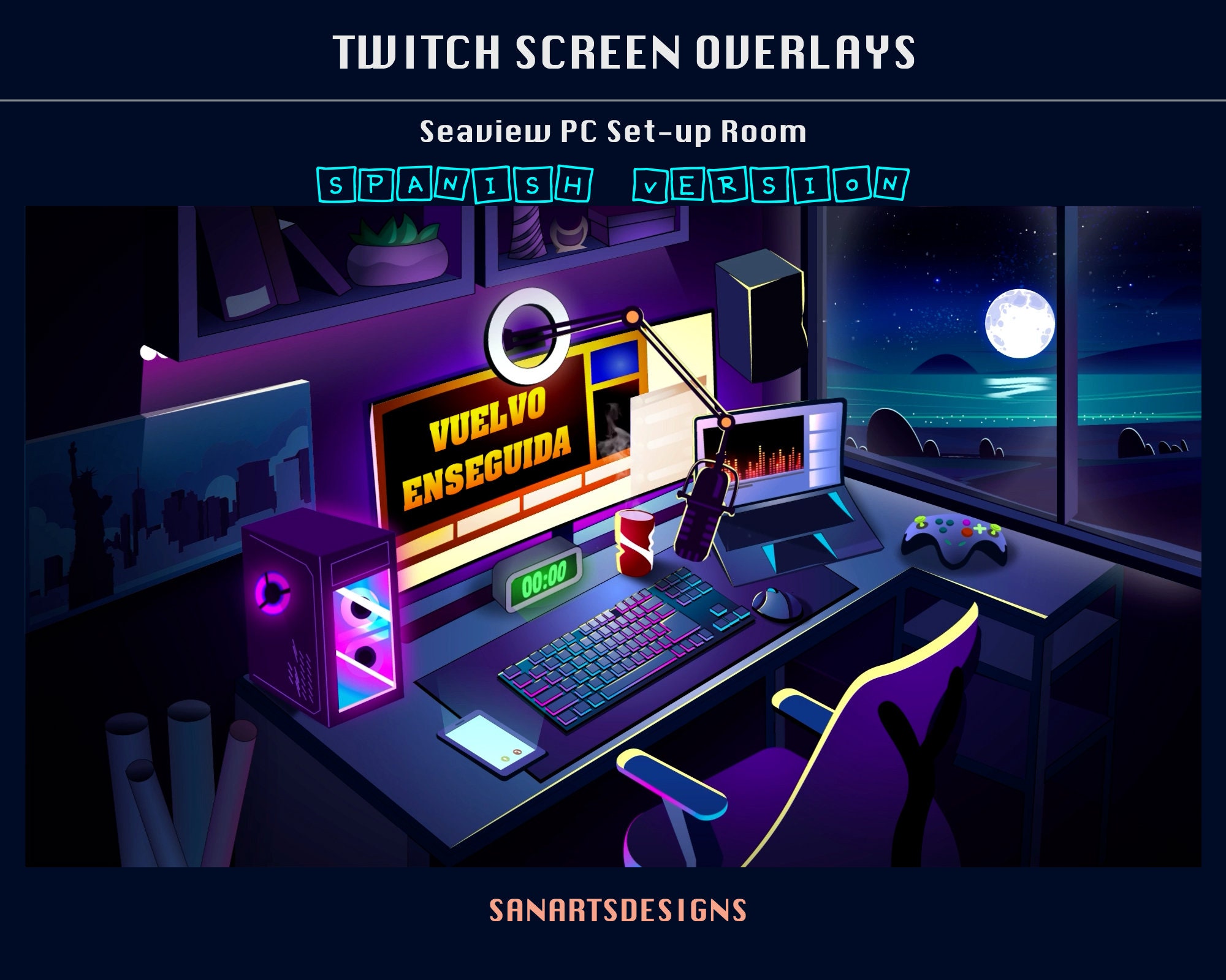 Animated Scenes Seaview PC Set-up Room, Animated Twitch Overlays Dark ...