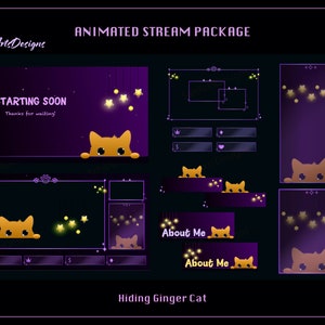 Pode incluir: Pacote de streaming animado do Twitch com um fundo roxo e preto com um gato de gengibre de desenho animado espiando por trás de uma faixa. O pacote inclui uma tela de início, uma caixa de bate-papo, uma faixa e uma seção sobre mim. O texto "Começando em breve" e "Sobre mim" está incluído na imagem.