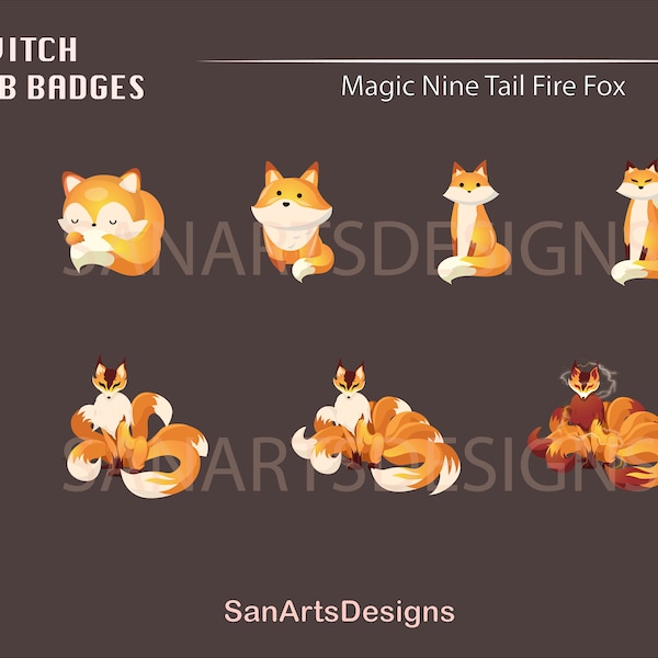 Magic Nine Tail Feuer Fox Twitch Sub Badges / Magic Fox Twitch Sub Badges / Kawaii Mond Sub Badges für Streamer, YouTuber, Discord, OBS