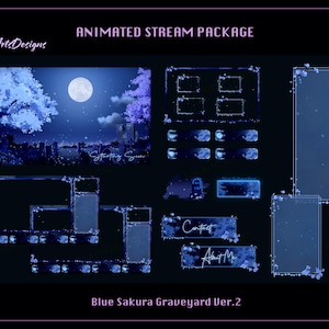 Animated Stream Bundle Blue Sakura Graveyard, Blue Sakura Night in Rain Twitch Overlays Package for Streamer, OBS, StreamLabs - Ver 2