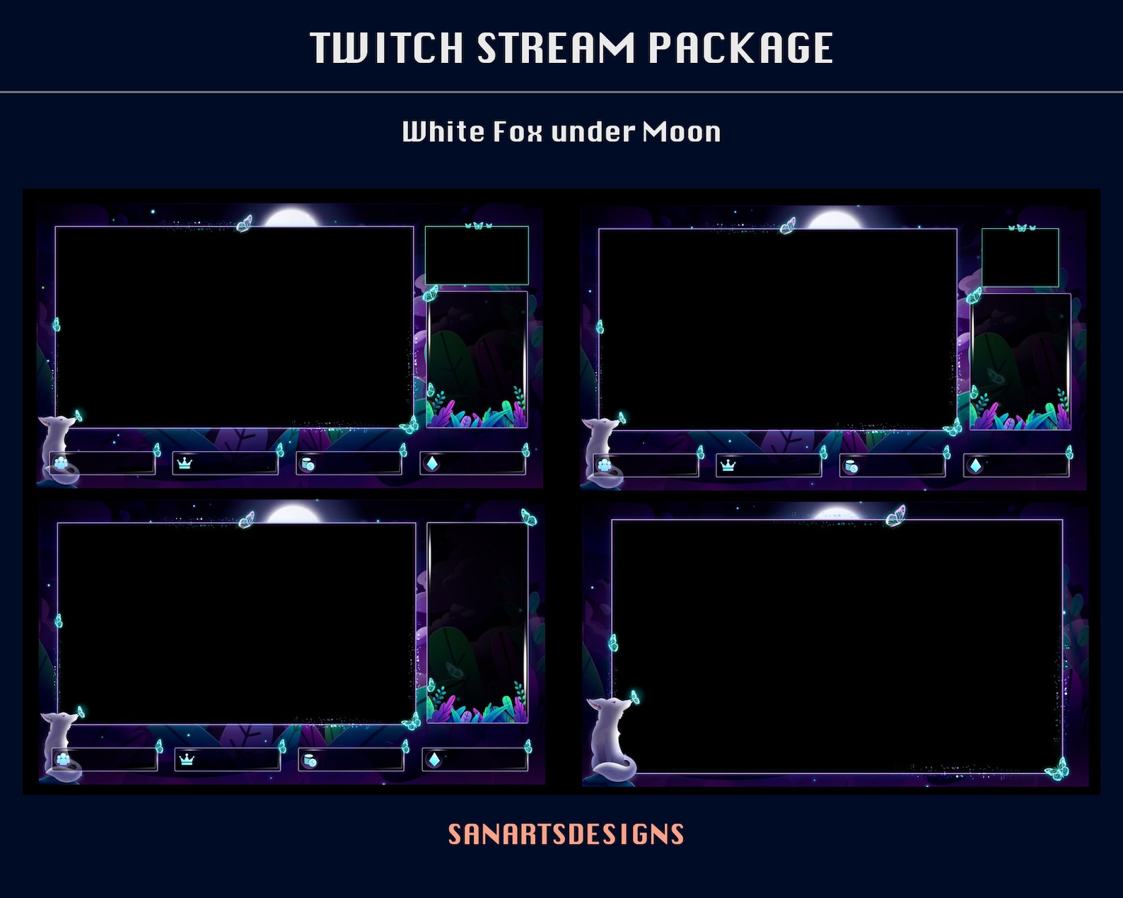 Animated Stream Package Magic White Fox Under Moon, Animated Twitch ...