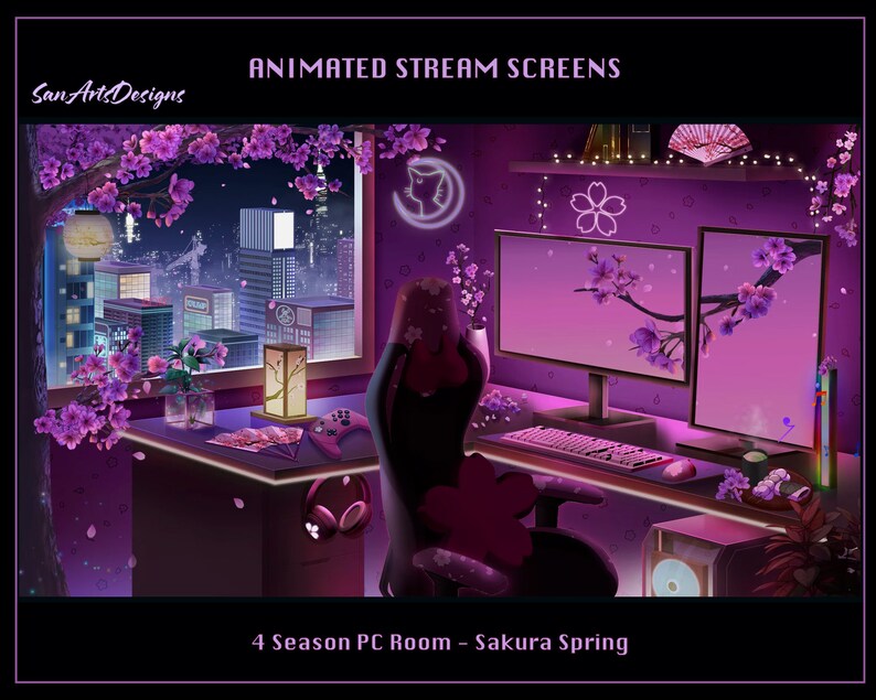 Sakura PC Room Animated Stream Overlay, Sakura PC Room Animated Twitch Overlay, Sakura Game Room Twitch Screen Overlay for Streamers image 4