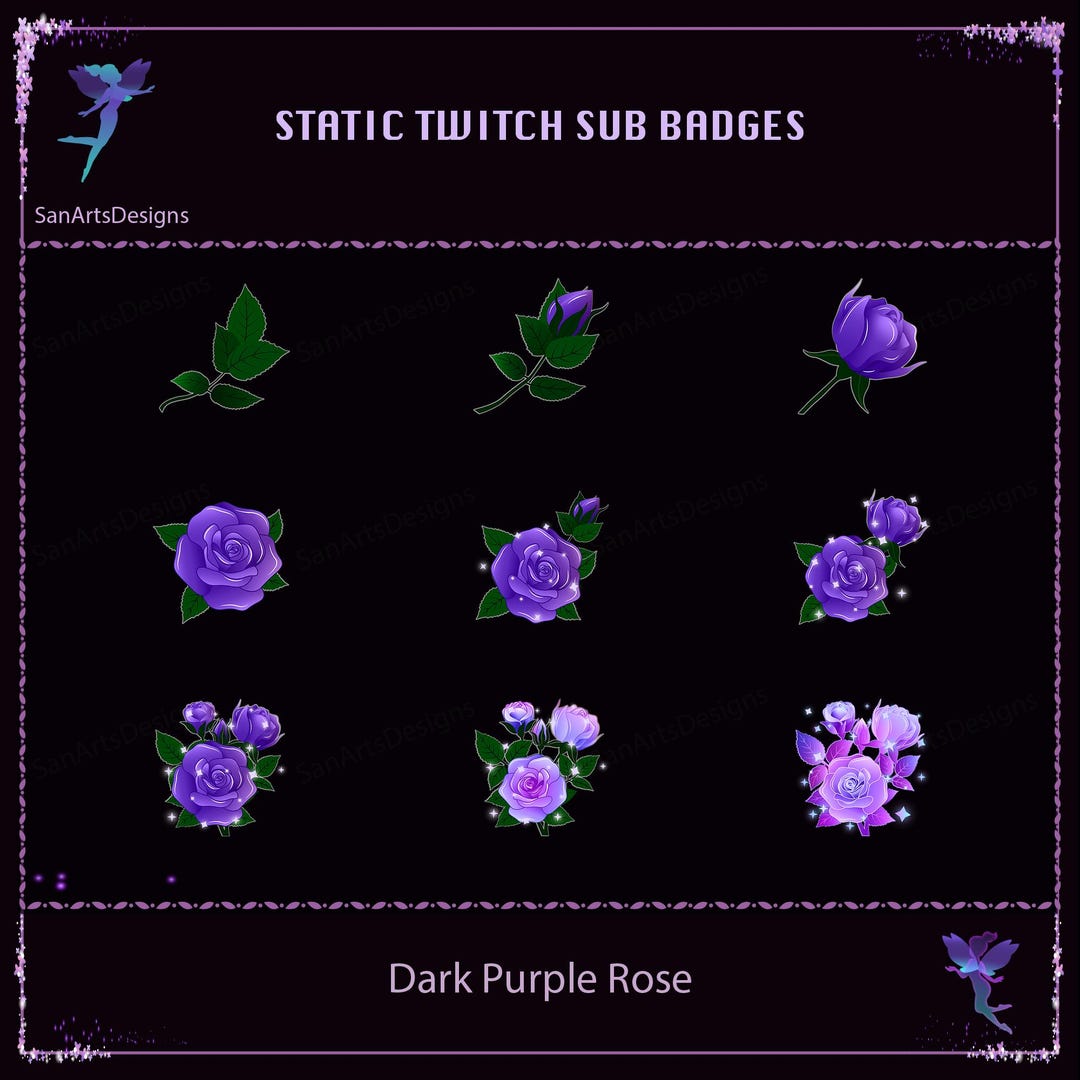 Dark Purple Rose Twitch Sub Badges, Magic Rose Twitch Sub Bit Badges ...