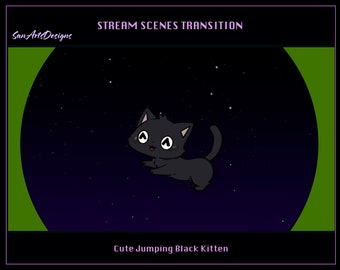 Könnte beinhalten: Eine Cartoon-Illustration eines schwarzen Kätzchens, das in einen sternenklaren Nachthimmel springt. Das Bild ist mit grünen und schwarzen Rändern versehen und enthält den Text "STREAM SCENES TRANSITION" und "Cute Jumping Black Kitten".