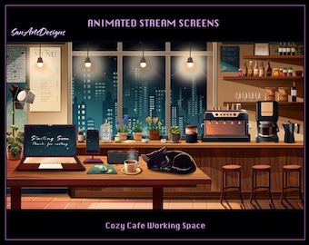 Cozy Cafe Arbeitsbereich, animierte Stream Overlays, Cozy Cafe Twitch Overlays, Cozy Cafe PC Schreibtisch Twitch Bildschirm Overlays Bundle für Streamer