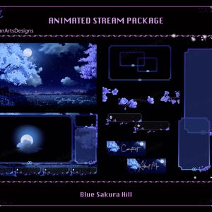 Animated Stream Package Blue Sakura Hill, Animated Twitch Overlays Package Blue Sakura Night for Streamer, OBS, Vtubers, YouTubers
