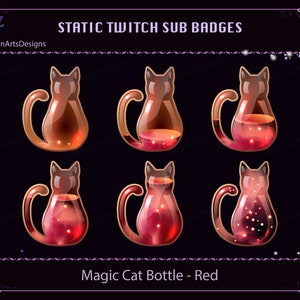 Red Magic Cat Bottle Twitch Sub Insignias, RED Glass Cat Twitch Sub Insignias, Kawaii Sub Insignias para Streamers, YouTubers, Discord, OBS