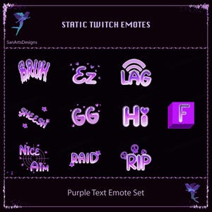 Cute Purple Text Twitch Emotes, Static Galaxy Purple Text Twitch Emotes for Streamers, OBS, Streamlabs, Discord, YouTube, Chatting