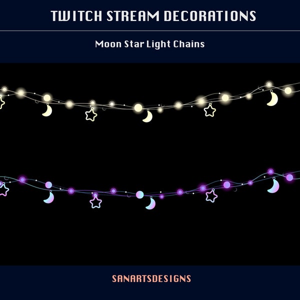 Moon Star Light Chains Animated Stream Decorations, Celestial Lights Twitch Overlay for Streamer, Vtuber, OBS, Streamlabs