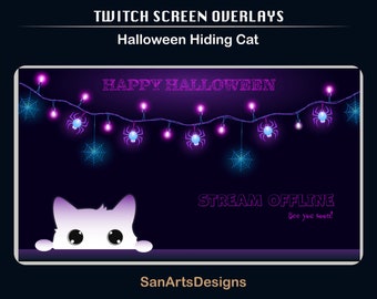 Escenas animadas Gato escondido de Halloween, Superposiciones animadas de Twitch Lindo gato blanco púrpura para Streamers, OBS, Vtubers, YouTubers, Streamlabs