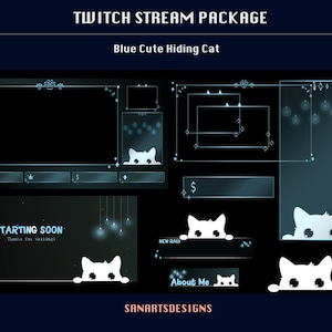 Paquete de transmisión animada Azul lindo gato escondido, superposiciones animadas de Twitch Lindo gato blanco para streamers, OBS, Vtubers, YouTubers