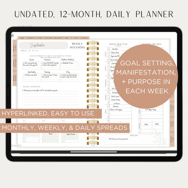 Digital Undated Daily Planner, Hyperlinked, GoodNotes, 12 Months, The Manifest Planner Daily Spreads