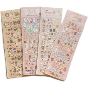 4 Sheets PAck Holographic Kawaii Bunny Bear Animal Korean Sticker Sheet Deco Sticker Sheet