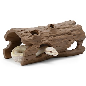 May include: A brown, textured, artificial log with openings, designed as a reptile hideaway. A light-colored snake is partially visible inside the log, with its head peeking out. The log has a naturalistic appearance, suitable for a pet's habitat.