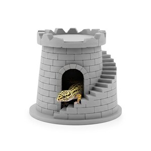 May include: A grey, castle-shaped reptile habitat with an arched doorway and external stairs. A leopard gecko with yellow and black spots is inside the doorway. The habitat is made of a stone-like material.