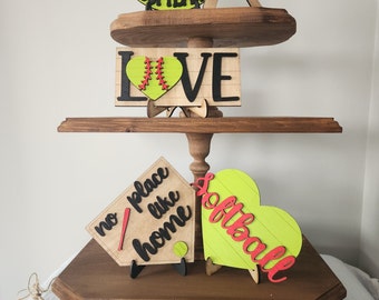 Softball Tiered Tray Decor: Handmade Birch Wood Set