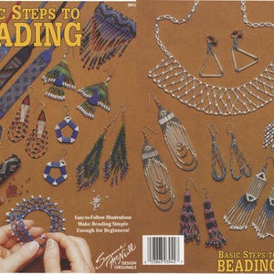 May include: A craft instruction book titled Basic Steps to Beading featuring numerous illustrations of handmade beaded jewelry including necklaces, earrings, and bracelets in various colors and patterns, with a focus on beginner-friendly projects.