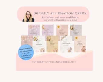 Tarjetas de afirmaciones imprimibles - 50 afirmaciones positivas diarias - Tarjetas de atención plena y autocuidado - Descarga digital instantánea