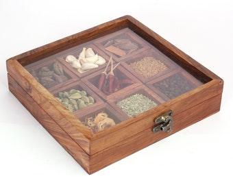 Hand-carved Rosewood Spice Box/Masala Box /Traditional Rosewood Spice Box - Store and Display Your Spices in 9 Parts