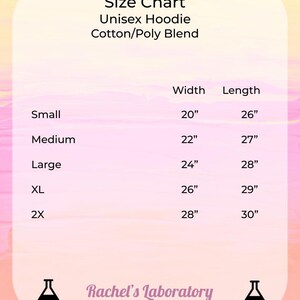 May include: Size chart for a unisex hoodie made of a cotton and polyester blend. The chart shows the width and length measurements in inches for sizes small, medium, large, XL, and 2X.
