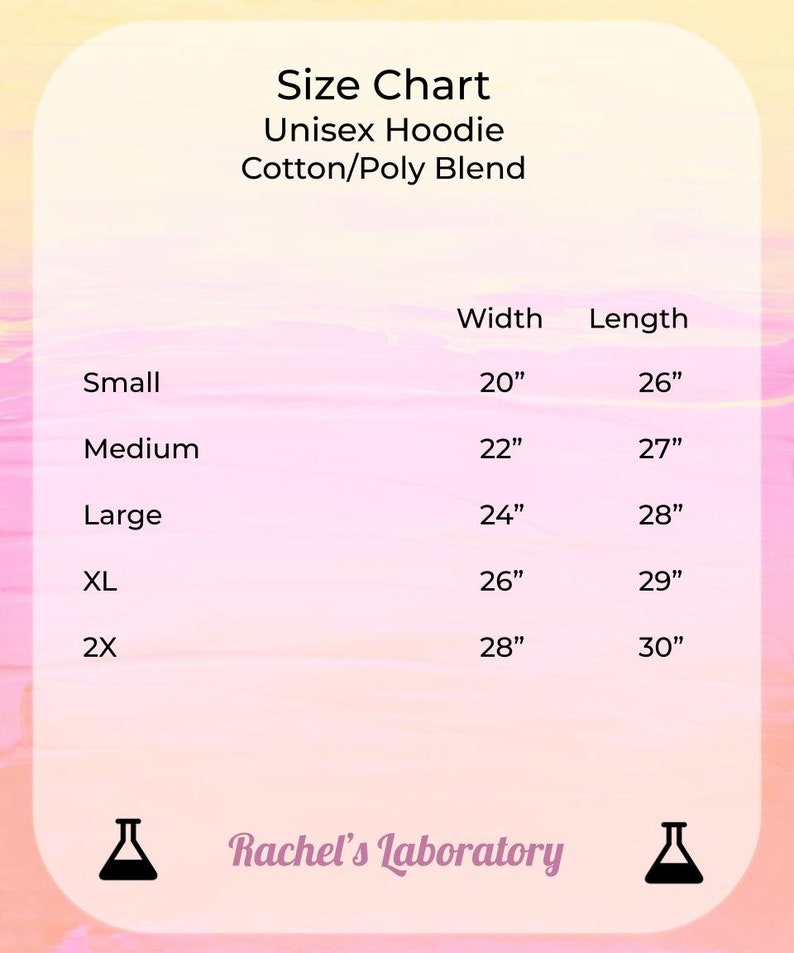 May include: Size chart for a unisex hoodie made of a cotton and polyester blend. The chart shows the width and length measurements in inches for sizes small, medium, large, XL, and 2X.