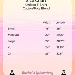 May include: Size chart for a unisex t-shirt made of a cotton and polyester blend. The chart shows the width and length measurements in inches for sizes small, medium, large, XL, and 2X.