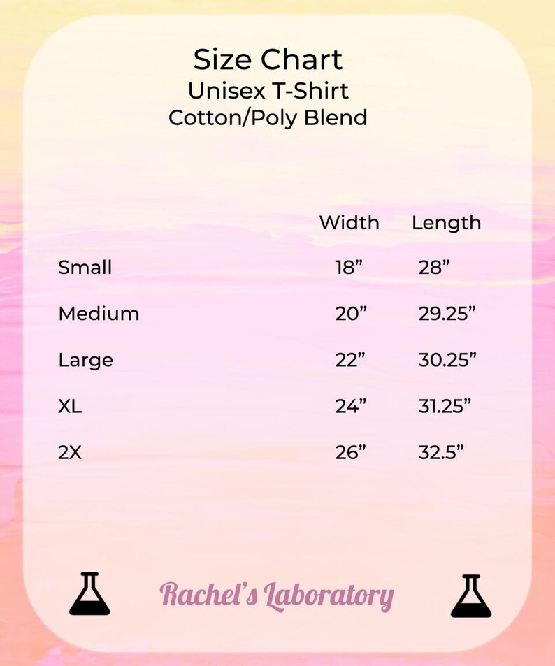 May include: Size chart for a unisex t-shirt made of a cotton and polyester blend. The chart shows the width and length measurements in inches for sizes small, medium, large, XL, and 2X.
