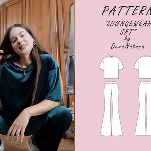 Può includere: Un cartamodello per un set di abbigliamento da casa, composto da una maglietta corta e pantaloni a zampa d'elefante. Il cartamodello si chiama "Lounge wear set" di Deva Natura.