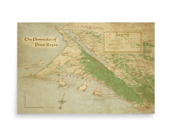 May include: A vintage-style map of the Point Reyes Peninsula in California, featuring a detailed illustration of the coastline, including Drake's Bay and Tomales Bay. The map includes various points of interest, such as landmarks, trails, and wildlife.