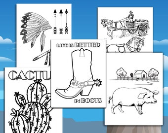 Oudere kinderen kleurboek grote kinderen leeftijden 7-12 Wild West Cowboy thema afdrukbare partij PDF afdrukken thuis familieplezier jongens meisjes Homeschool