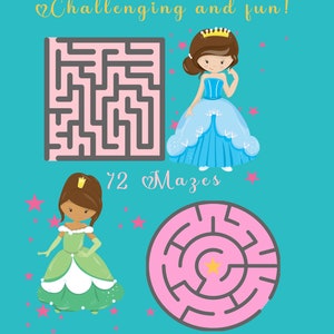 May include: Two princess-themed mazes on a turquoise background. The mazes are pink with a yellow star at the end. The text "72 Mazes" is in the center of the image.