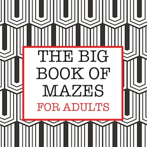 May include: A black and white geometric pattern background with a red rectangle containing the text "THE BIG BOOK OF MAZES FOR ADULTS".