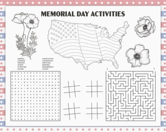 Afdrukbare feestplacemats Memorial Day-thema Viering Leuk afdrukbaar activiteitenblad Kleurpuzzel Placemat Activiteiten Kinderfeestjes 2023
