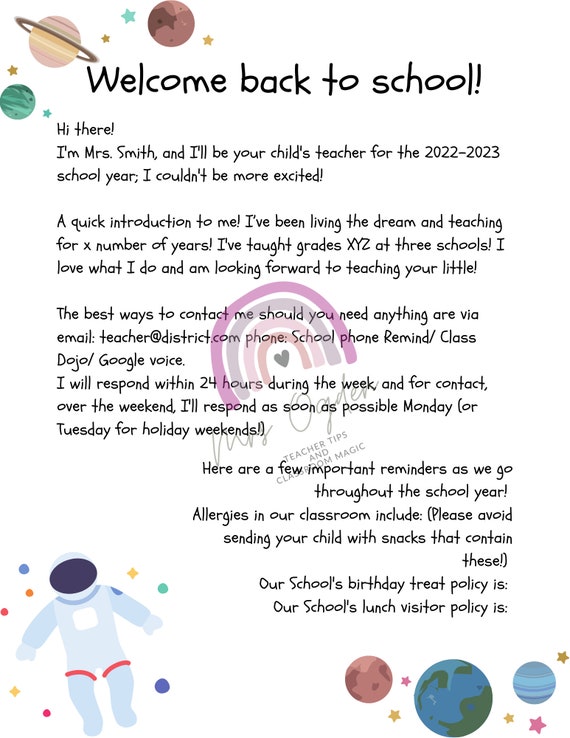 Space Back to School Letter Template Etsy