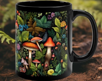 Vintage Cottage Core Mug, Mushroom and Ferns Coffee Cup, Perfect Gift for Nature Lovers