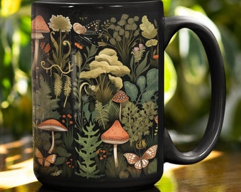 Vintage Cottage Core Mug, Forest Ferns & Mushrooms Design, Perfect for Nature Lovers Gift