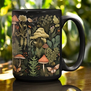 Vintage Cottage Core Mug, Forest Ferns & Mushrooms Design, Perfect for Nature Lovers Gift