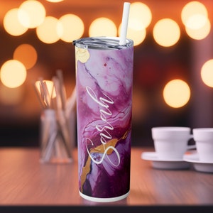 Customizable Marble 20oz Tumbler - Trendy Custom Tumbler - Skinny Tumbler - Personalized Marble Tumbler - Pink and Purple Marble Tumbler