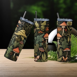 Ferns & Mushrooms Tumbler, Vintage Cottage Core Design, Perfect for Nature Lovers Gift