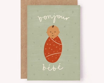 Bonjour Bebe Card - Babykaart voor nieuwe ouders, babydouchekaart, kaart voor nieuwe moeder, kaart voor nieuwe baby, nieuwe aankomstkaart, zwangerschapskaart