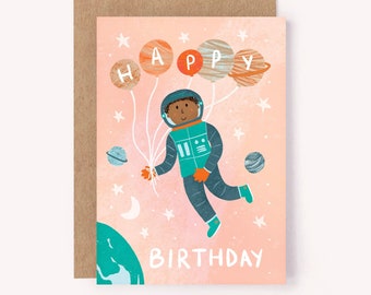 Astronaut Birthday Card - Space Card, Astronaut Card, Cards for Him, Kids Birthday Cards, Galaxy, Space, Space Party, Diverse Kids Cards