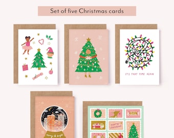 Christmas Card Set of 5 Designs | Cute Illustrated Xmas Cards - Xmas Card Bundle - Festive Card Set - Fun Christmas Holidays Cards Bundle