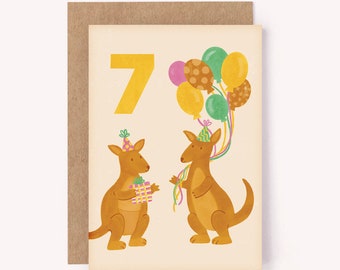 Age 7 Kangaroo Birthday Card - 7th Birthday Card | 7th Bday Card | Cute Milestone Card | Seventh Birthday Card | Age 7 Card | Kangaroo Card